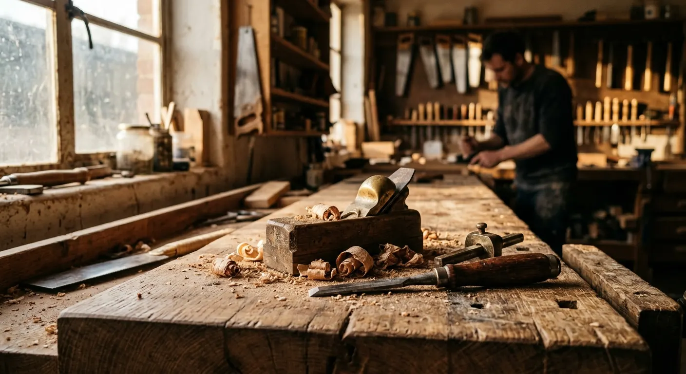 A woodworker paring a dovetail joint in oak with a sharp chisel, a shaving curling off the blade