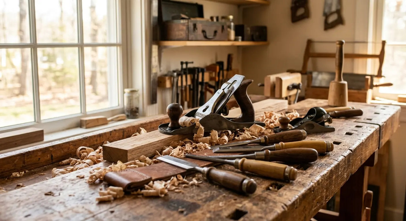 A hand plane and chisels resting in shavings on a wooden workbench in soft window light